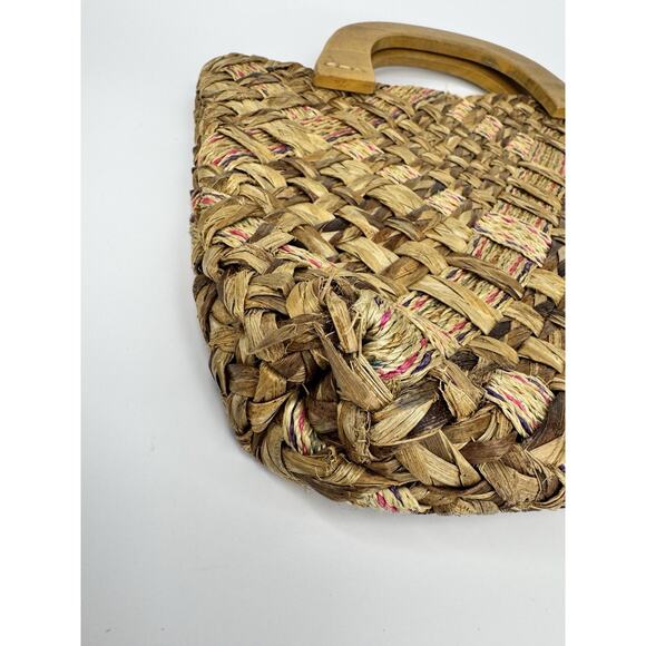 Vintage Woven Straw Raffia Handbag Wooden Handles Boho Tote Purse 70s 80s - Picture 9 of 11